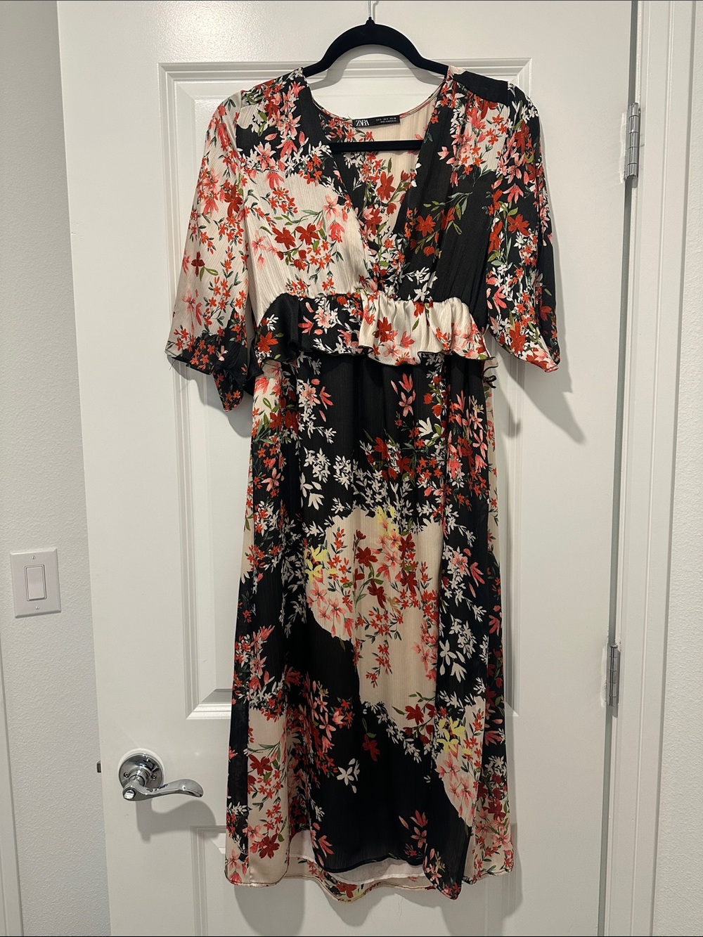 ZARA Black & Cream Floral Wrap Midi Dress